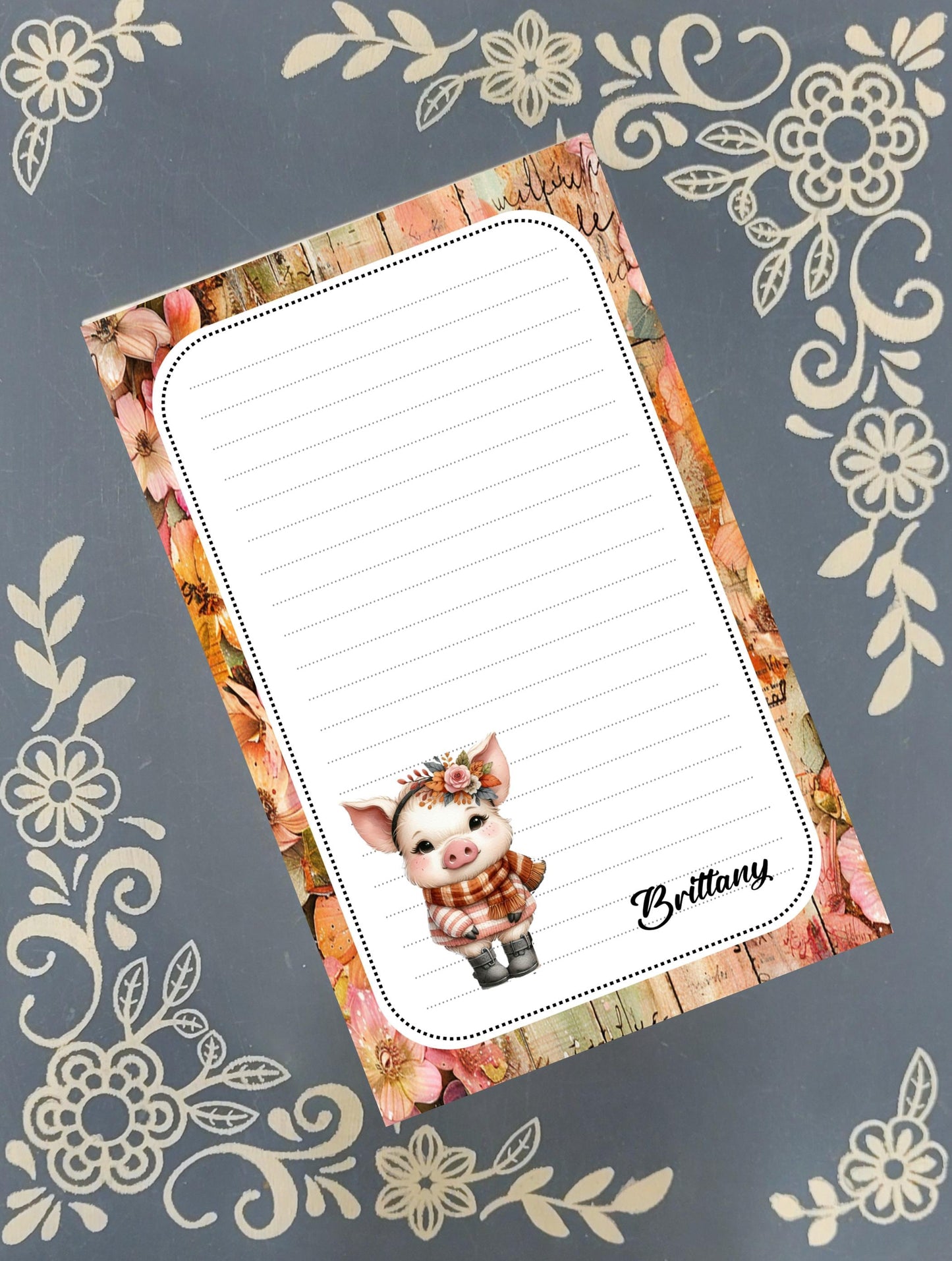 Personalized Pig, Autumn Fall Theme, Notepad Stationery