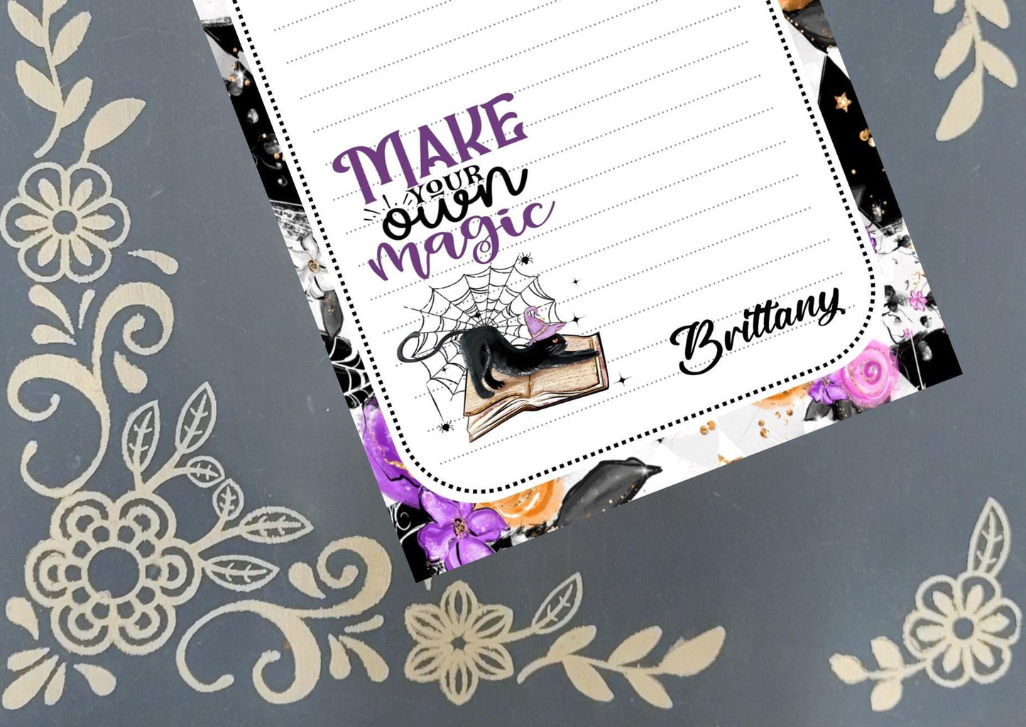 Personalized Magic, Make Your Own Magic, Black Cat, Witch, Purple, Halloween, Notepad Stationery