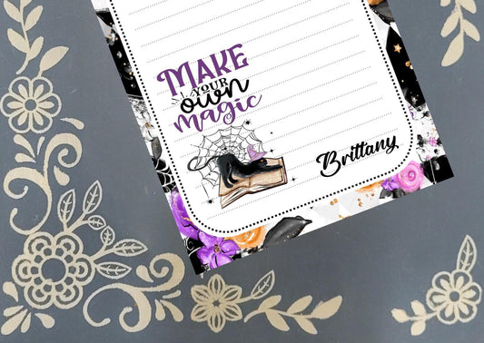Personalized Magic, Make Your Own Magic, Black Cat, Witch, Purple, Halloween, Notepad Stationery