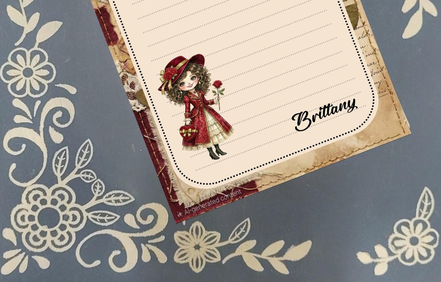 Personalized Victorian Girl, Vintage Rose, Valentine's Day, Hearts & Roses, Notepad Stationery