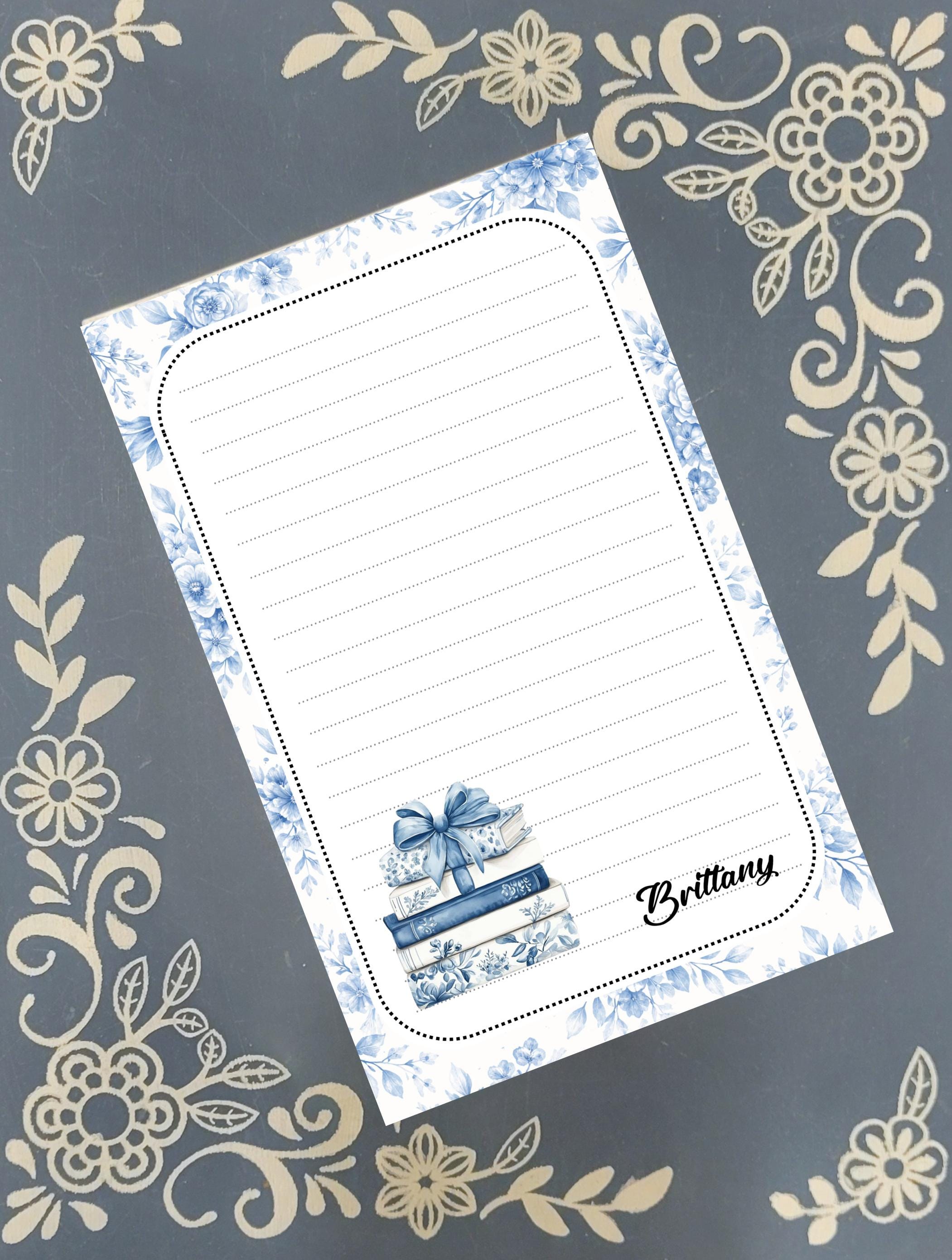 Personalized Books, Bookish, Sorry I'm Booked, delicate blue floral pattern, Notepad Stationery