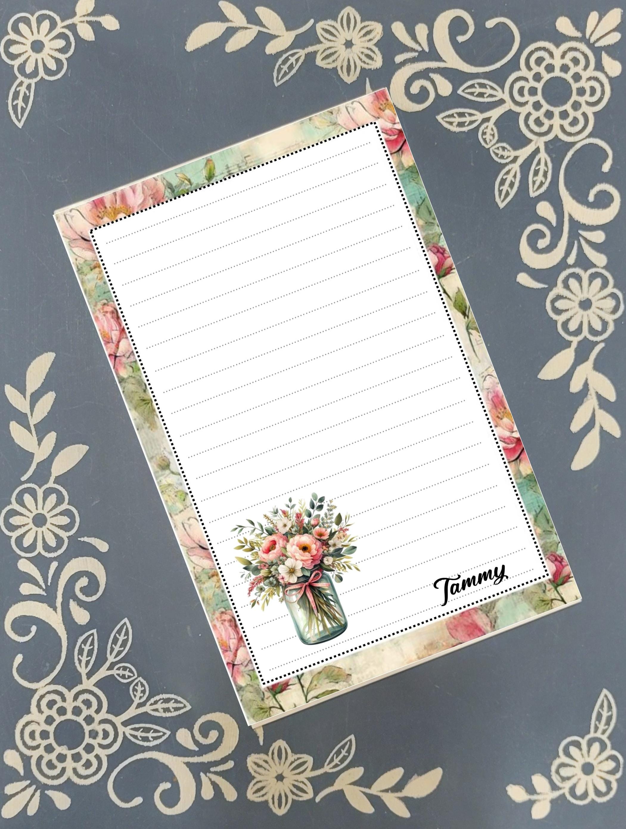 Personalized Flowers, Pink Flowers in a Vase, Notepad Stationery
