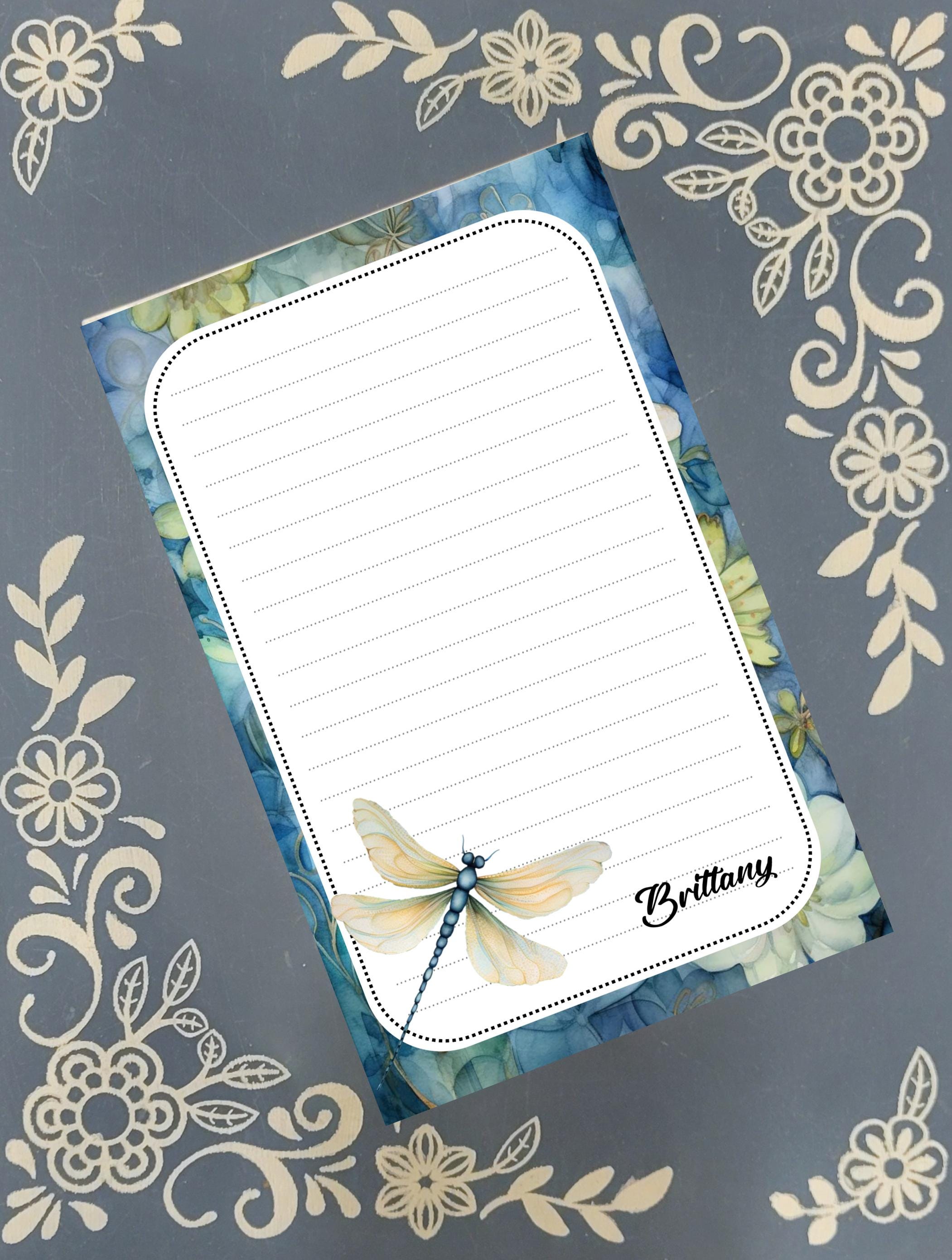 Personalized Dragonfly, Blue Floral, Notepad Stationery