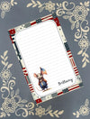 Personalized custom notepad featuring a cute, whimsical patriotic USA mouse illustration with a personalized name on a rustic desk.
