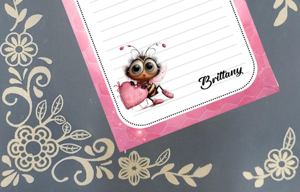 Personalized Bee Mine, Pink Honeycomb, Valentine's Day, Heart, Notepad Stationery