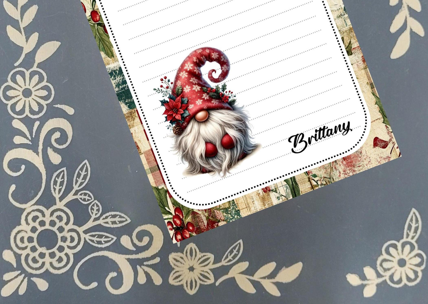Personalized Gnome Poinsettia 2, Christmas, Winter, Holiday, Notepad Stationery