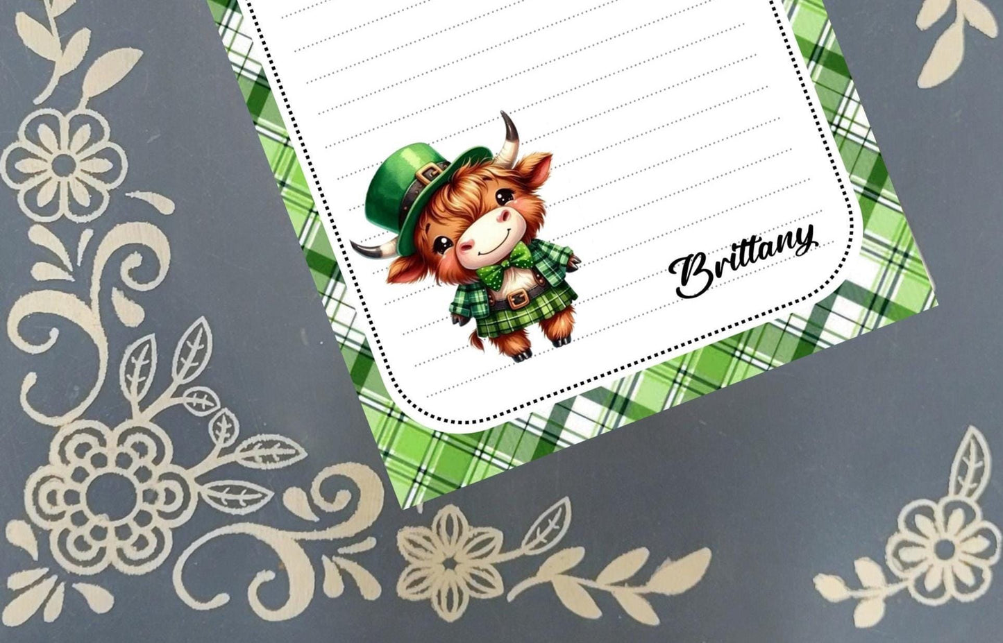 Personalized St. Patrick's Day, Irish Highland Cow, Notepad Stationery