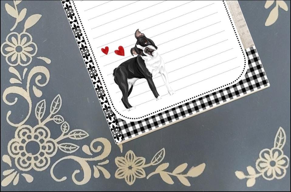 Personalized Custom Dog Breed, black and white with red hearts, Notepad Stationery