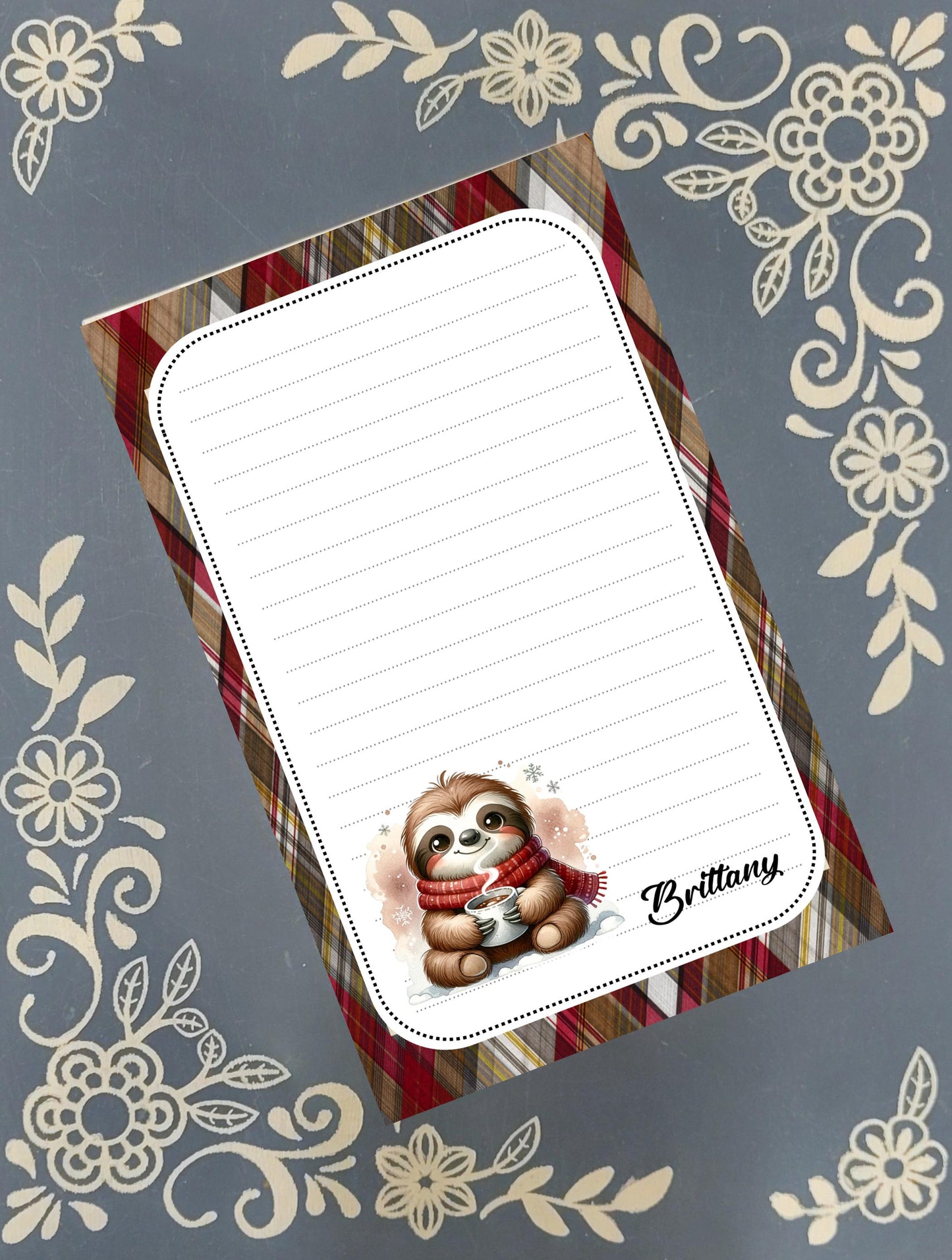 Personalized Sloth with Mug, Christmas, Holiday, Winter Notepad Stationery