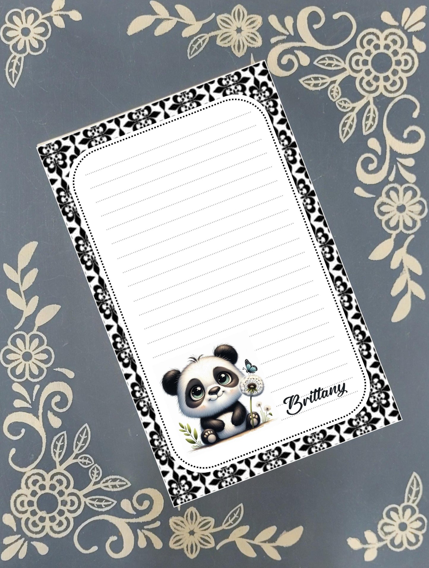 Personalized Panda with a Dandelion and Butterfly, Notepad Stationery