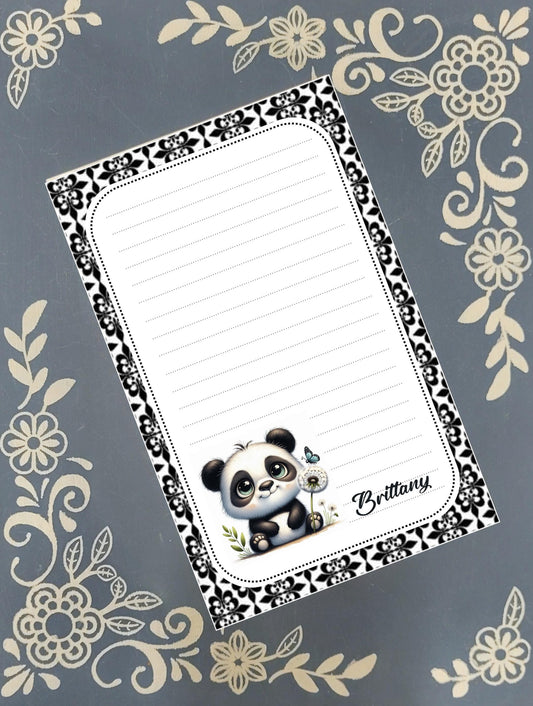 Personalized Panda with a Dandelion and Butterfly, Notepad Stationery