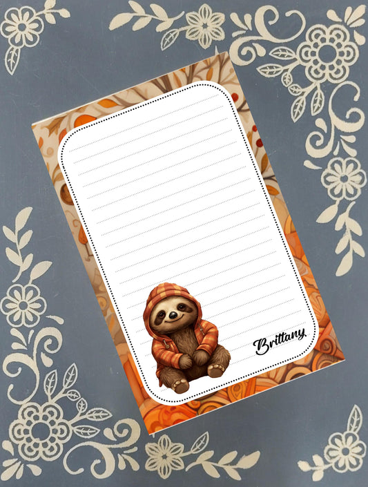 Personalized Sloth Wearing an Autumn Fall Hoodie, Notepad Stationery