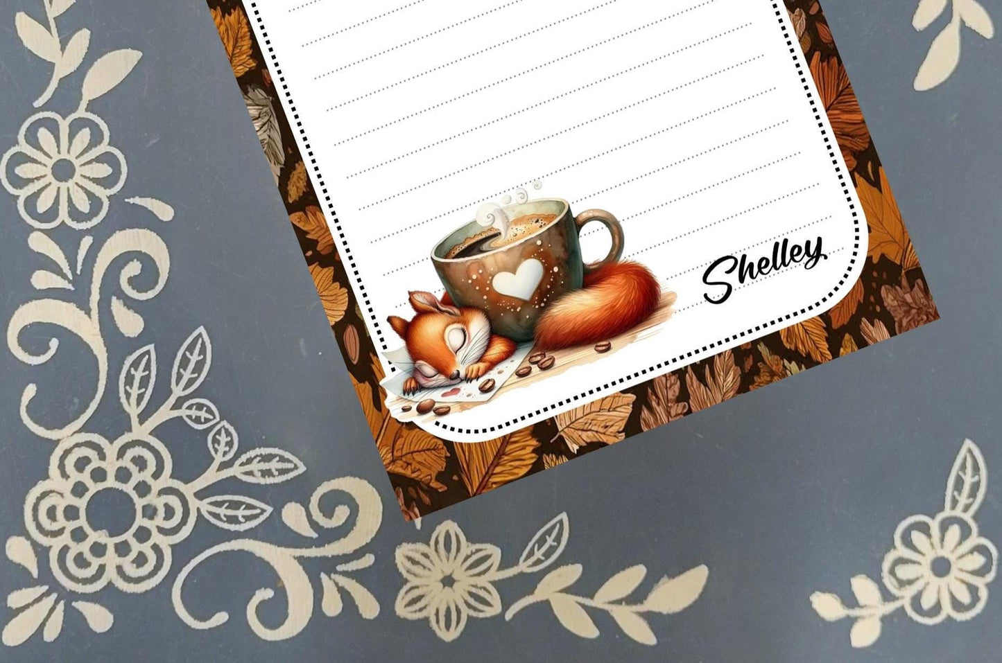 Personalized Squirrel around a Coffee Mug, Autumn Fall, Notepad Stationery