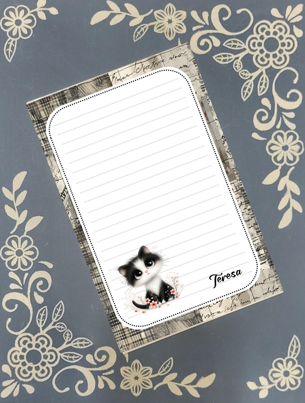 Personalized Cat, black and white kitten, Notepad Stationery