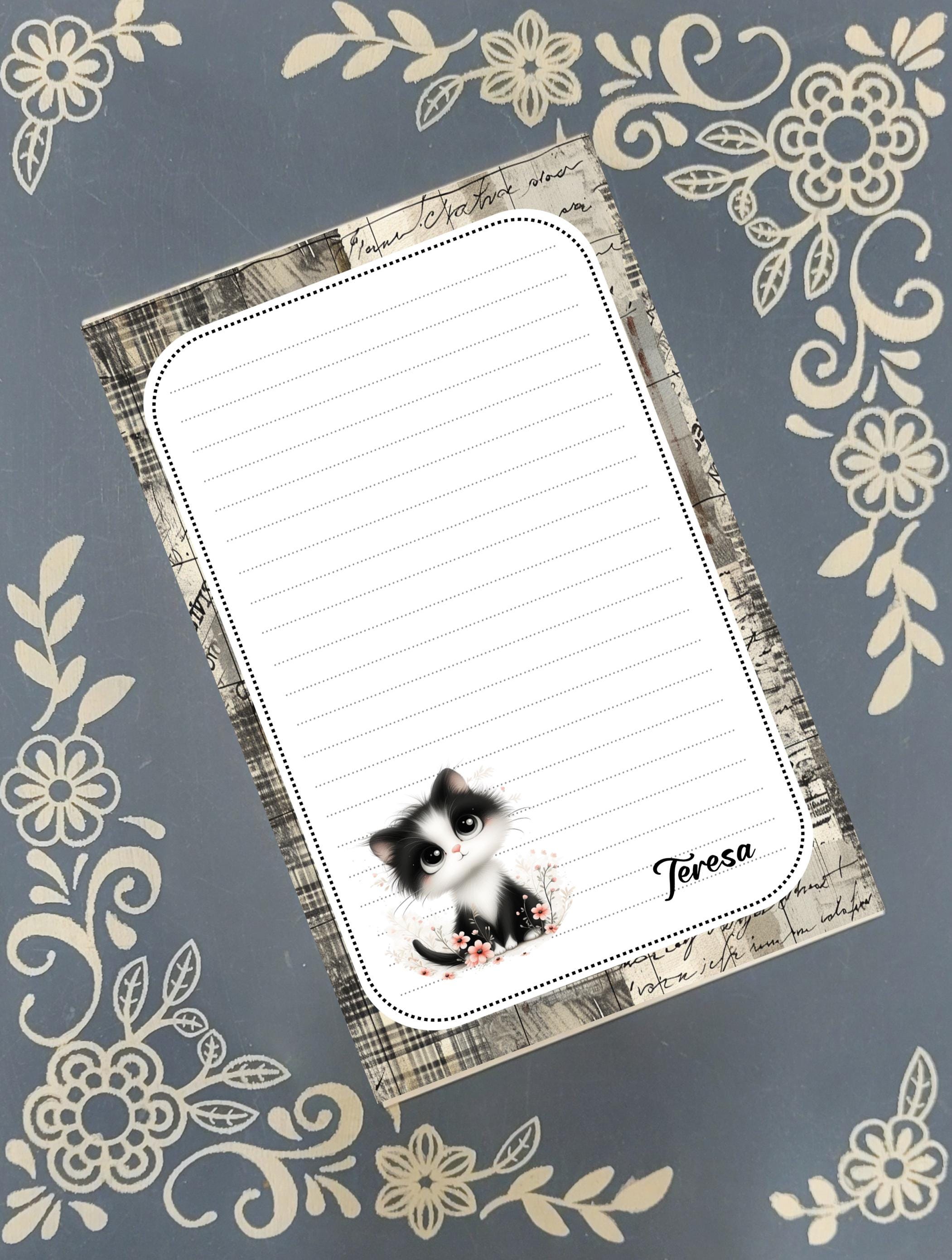 Personalized Cat, black and white kitten, Notepad Stationery