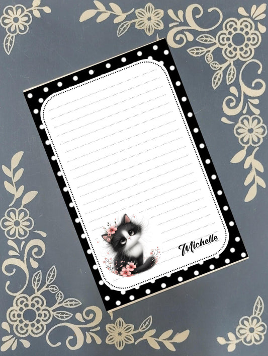 Personalized Cat, Black and White Kitten, Polka Dot, Notepad Stationery