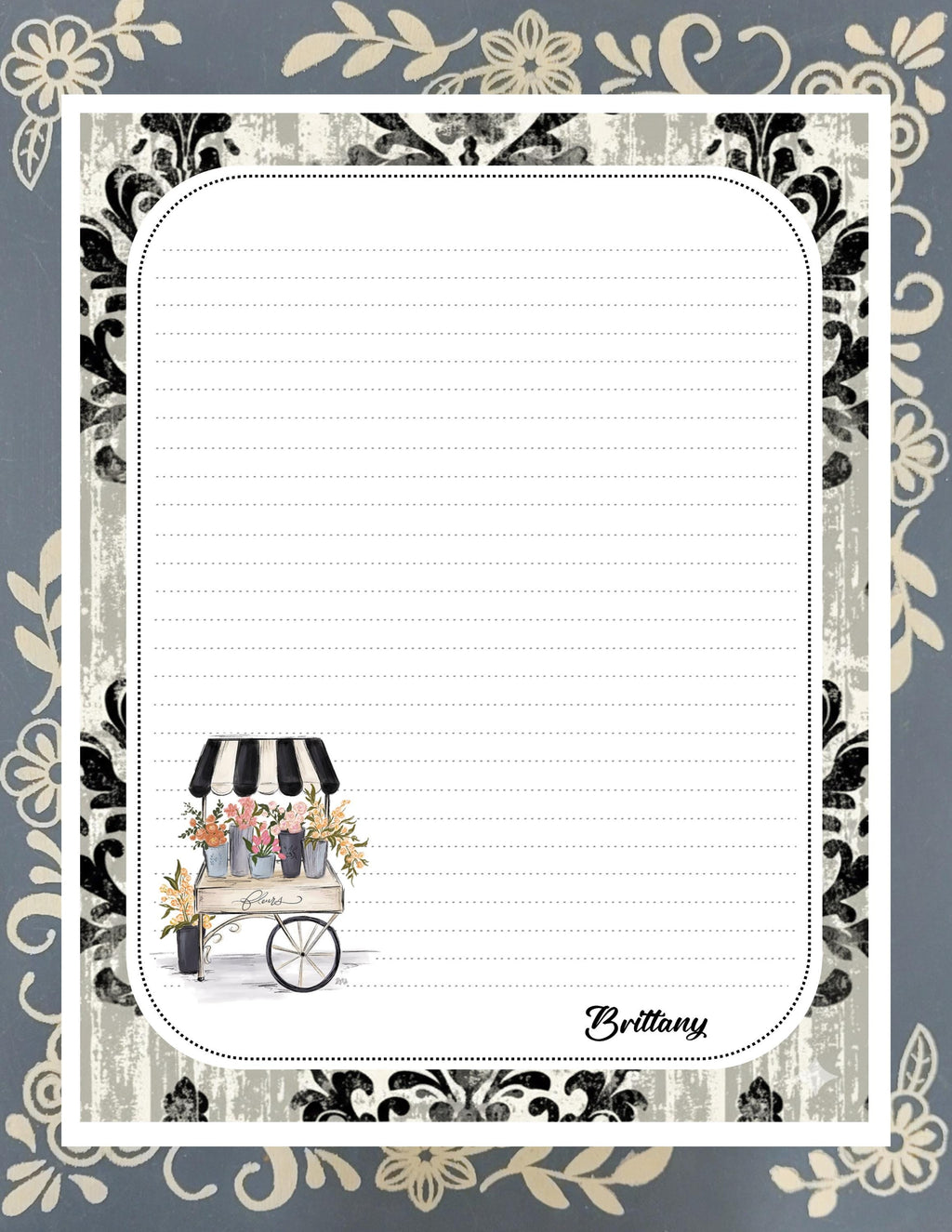 Personalized Damask Flower Cart, Stationery Kit, Letter Writing Set, Snail Mail, Pen Pal