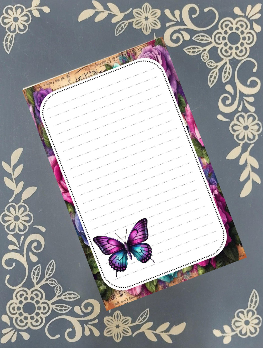 Personalized Butterfly Purple & Teal with Flowers, Notepad Stationery