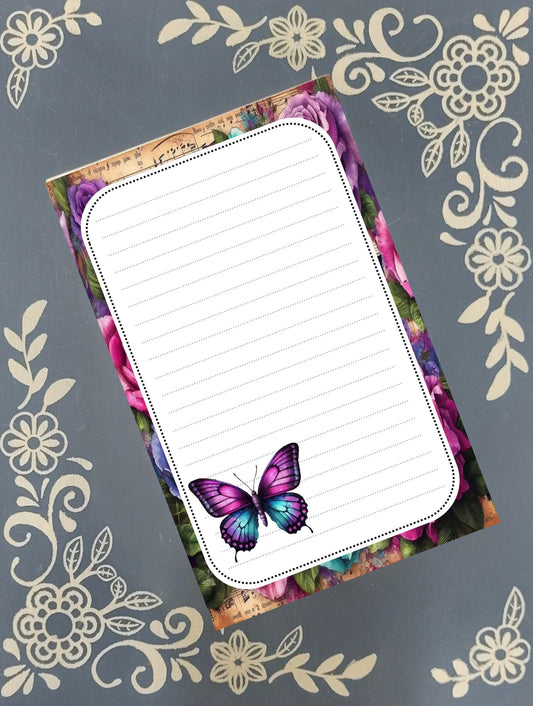 Personalized Butterfly Purple & Teal with Flowers, Notepad Stationery