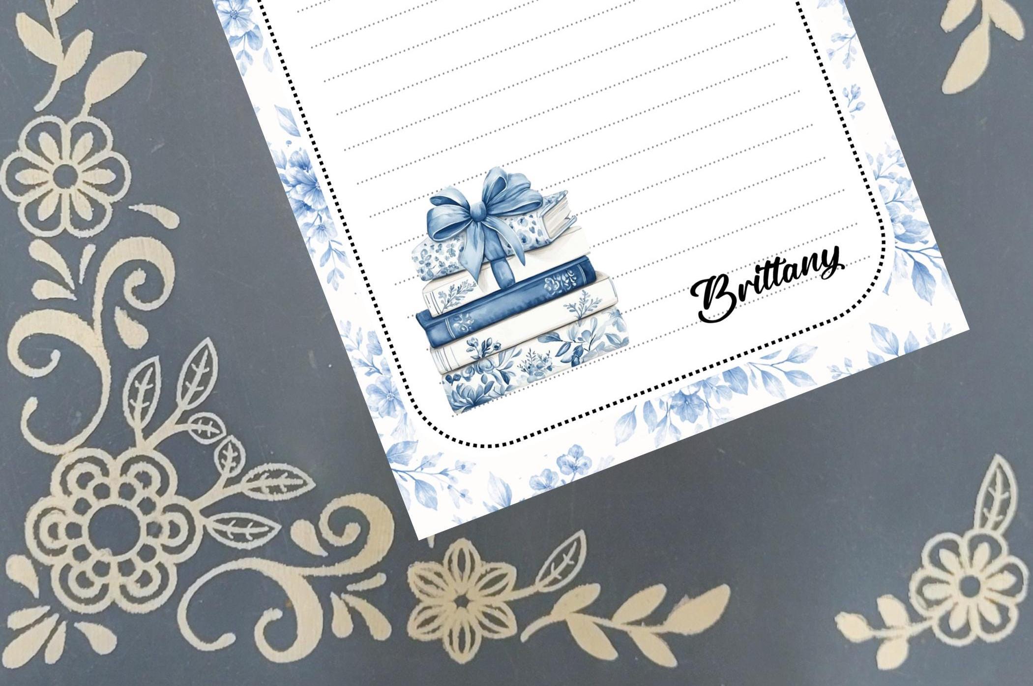 Personalized Books, Bookish, Sorry I'm Booked, delicate blue floral pattern, Notepad Stationery