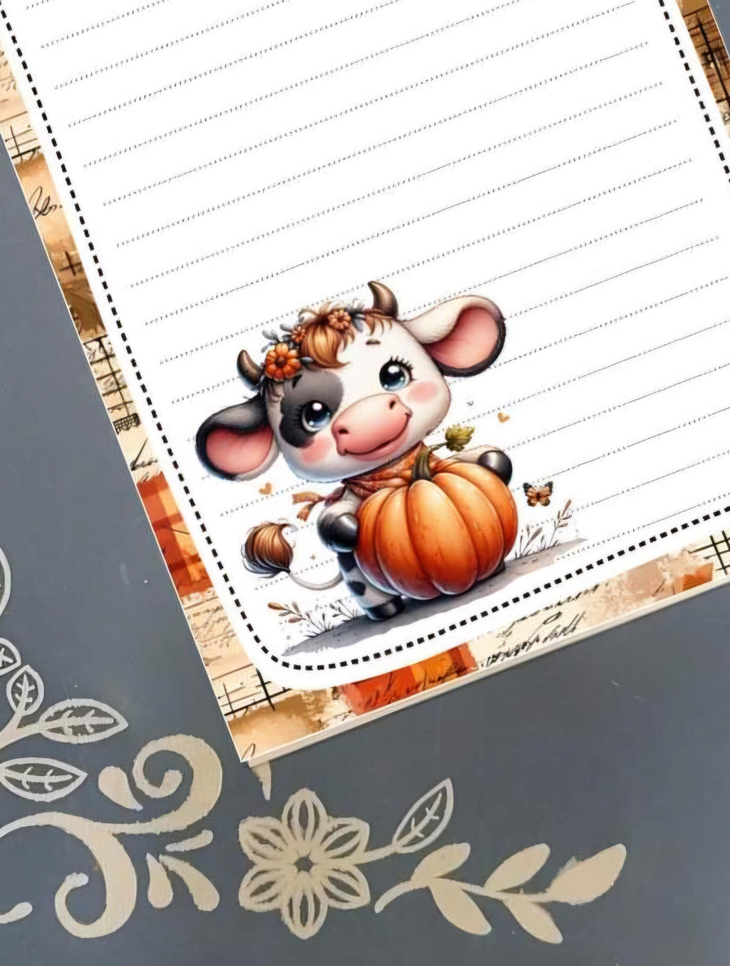 Personalized Cow with a Pumpkin, Autumn Fall, Notepad Stationery