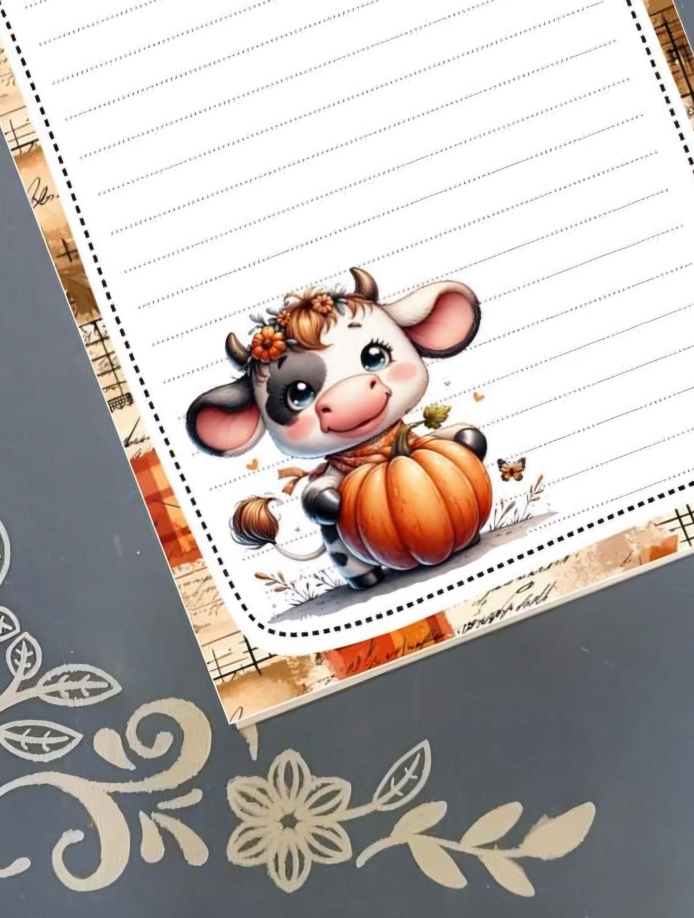 Personalized Cow with a Pumpkin, Autumn Fall, Notepad Stationery
