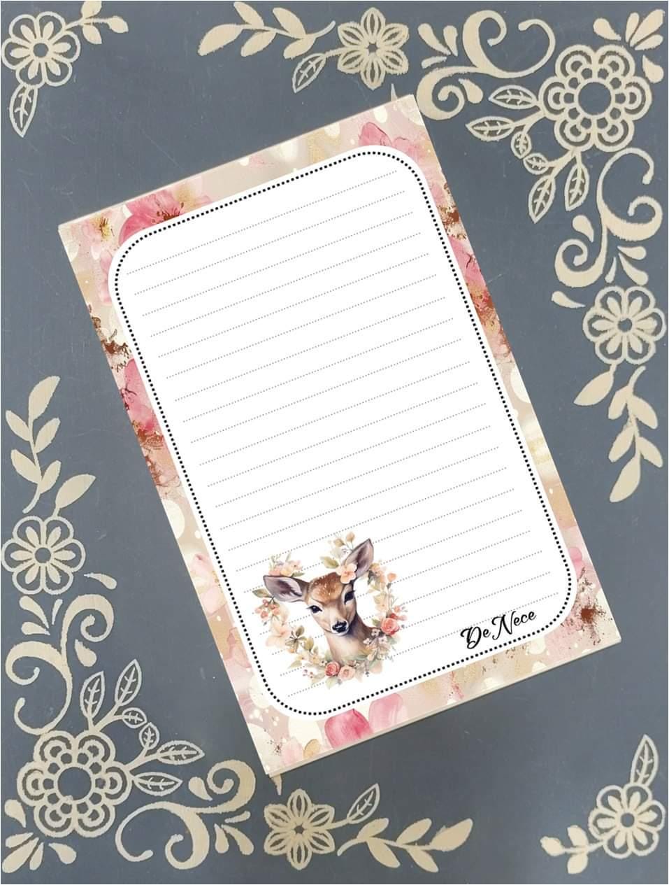 Personalized Deer, pink flowers, Notepad Stationery