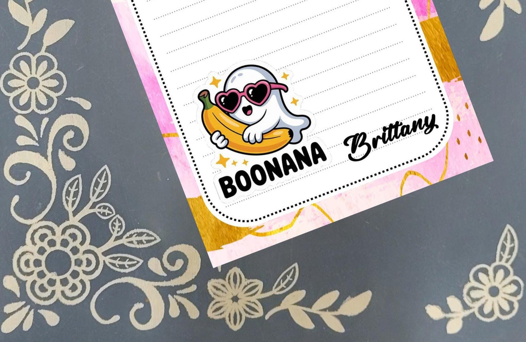 Personalized Boonana, Ghost wearing Pink Sunglasses holding a Banana, Halloween, Notepad Stationery