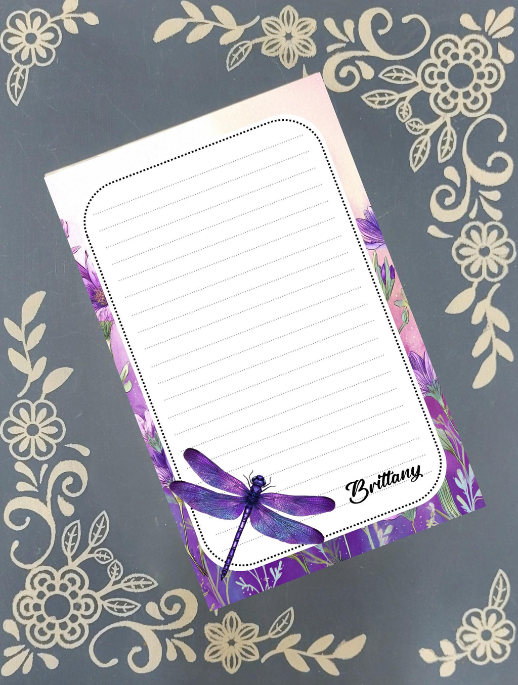 Personalized Dragonfly, Purple Floral, Notepad Stationery