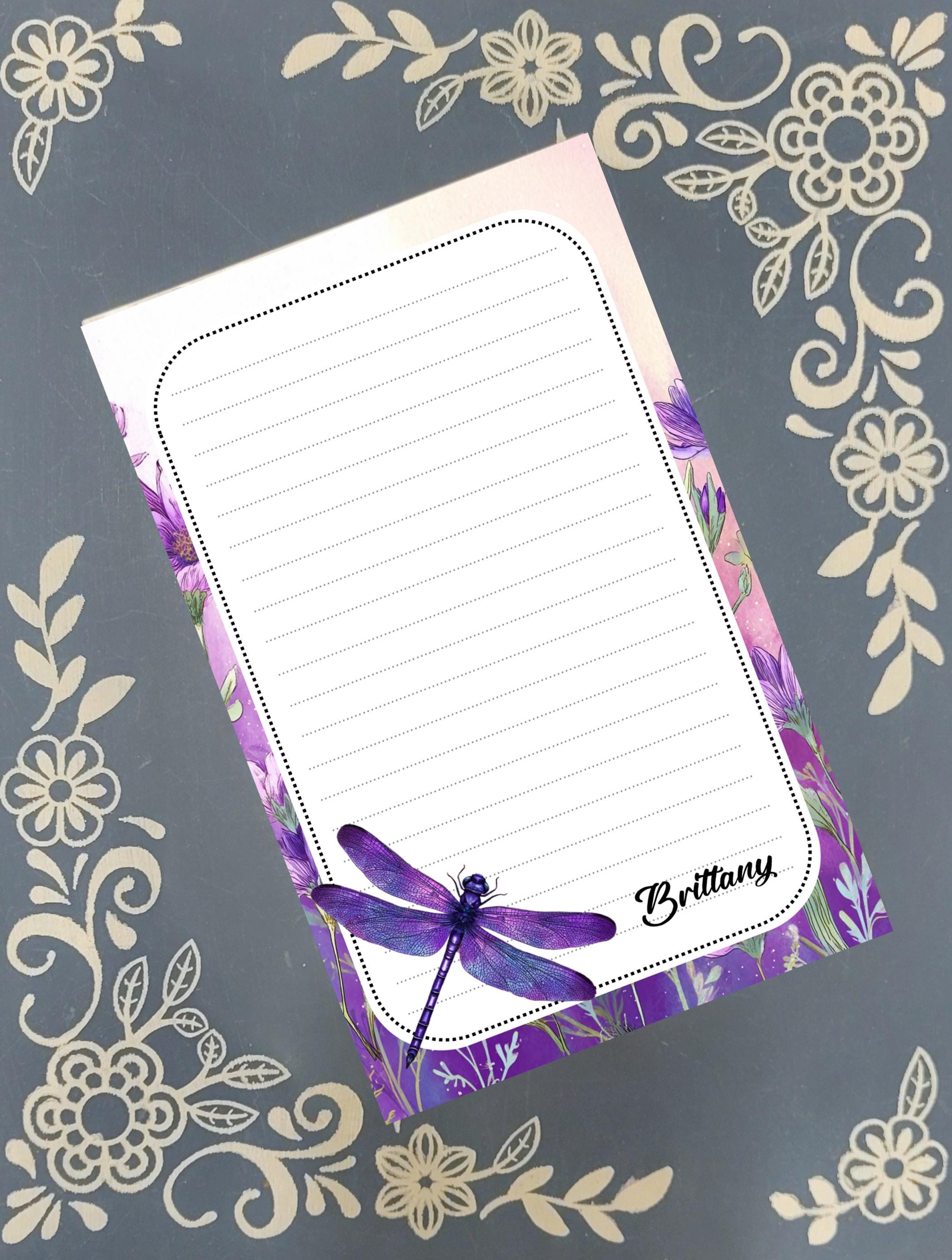 Personalized Dragonfly, Purple Floral, Notepad Stationery