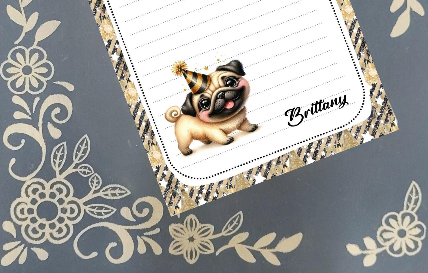 Personalized Happy New Year, Adorable Pug, Notepad Stationery