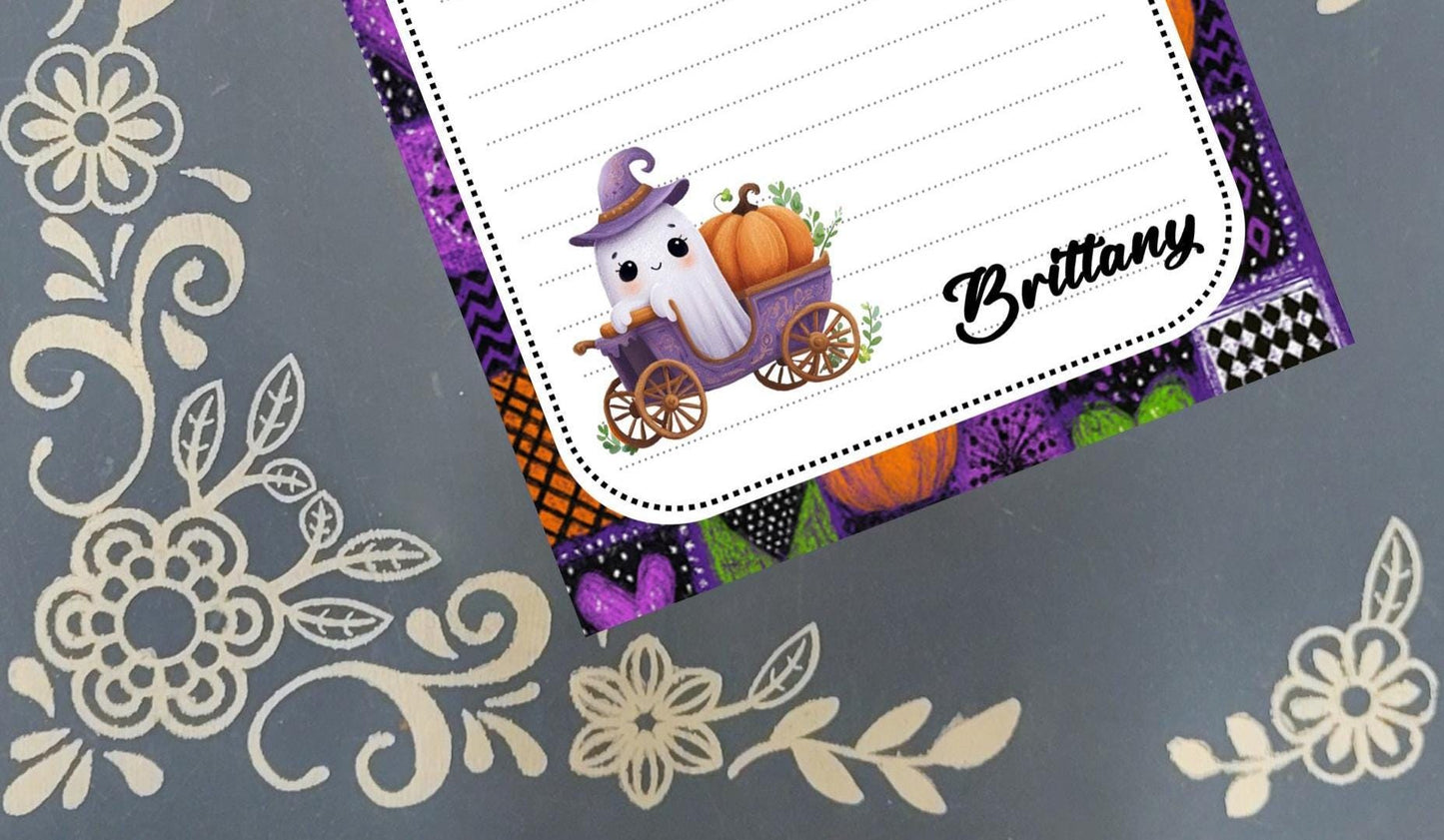 Personalized Ghost in a Cart with a Pumpkin, Halloween, Notepad Stationery