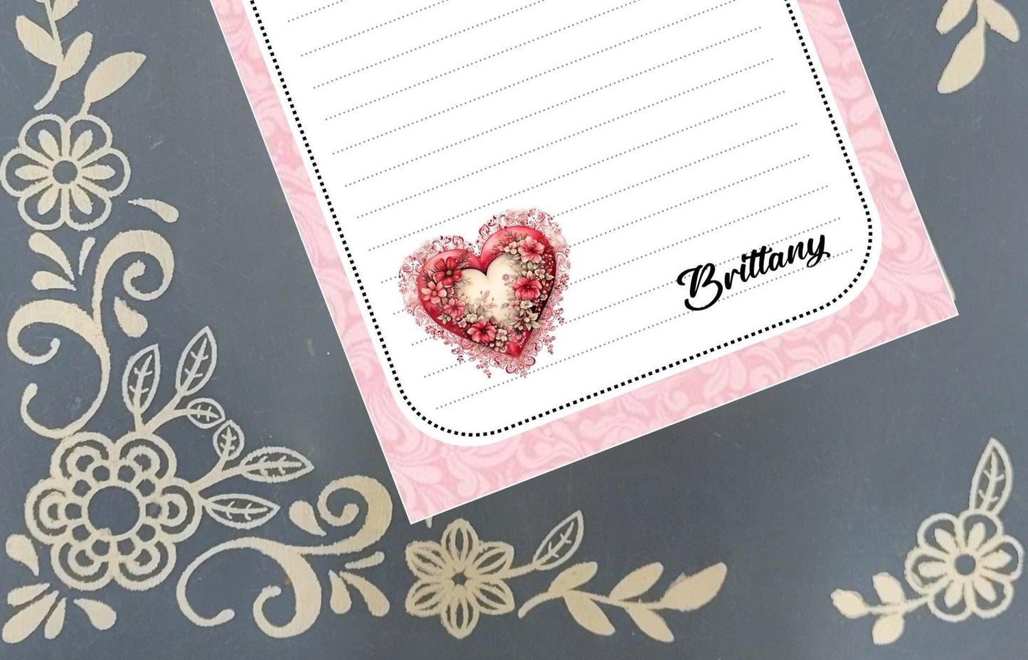 Personalized Valentine's, Pink Scroll Heart with Flowers, Love, Notepad Stationery