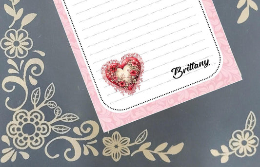 Personalized Valentine's, Pink Scroll Heart with Flowers, Love, Notepad Stationery