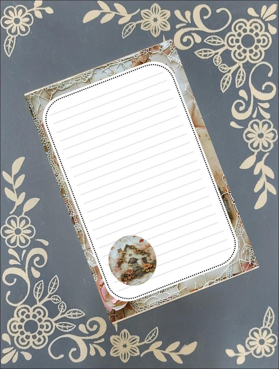Personalized Home, antique lace background, Notepad Stationery