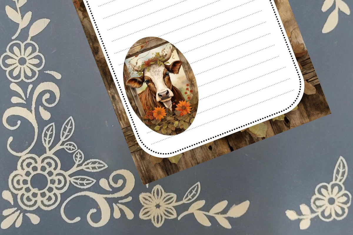 Personalized Cow, Autumn Cow in Fence Notepad Stationery