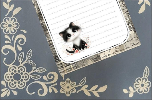 Personalized Cat Black & White Kitten, Grey Notepad Stationery