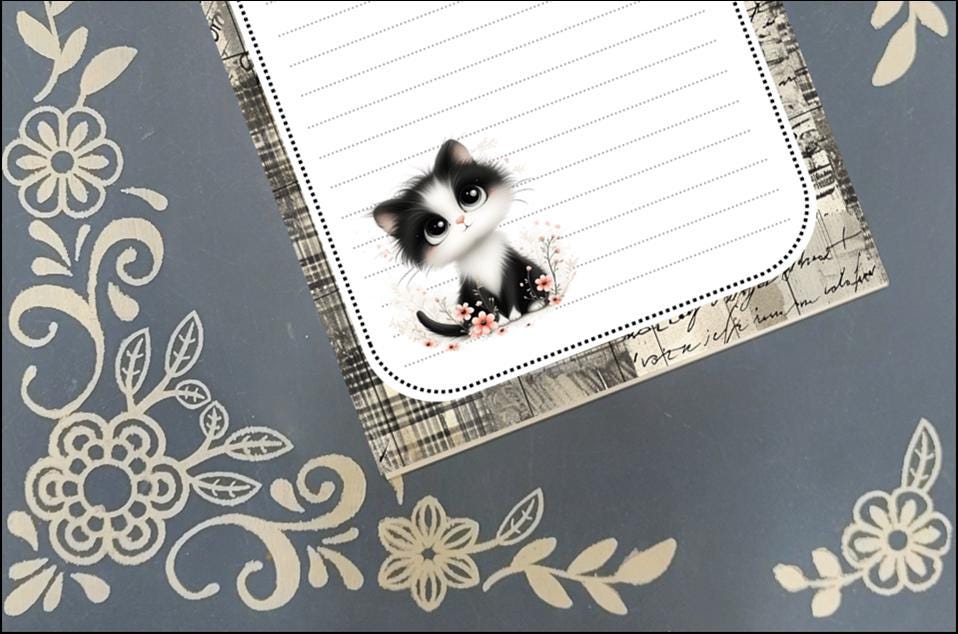 Personalized Cat Black & White Kitten, Grey Notepad Stationery