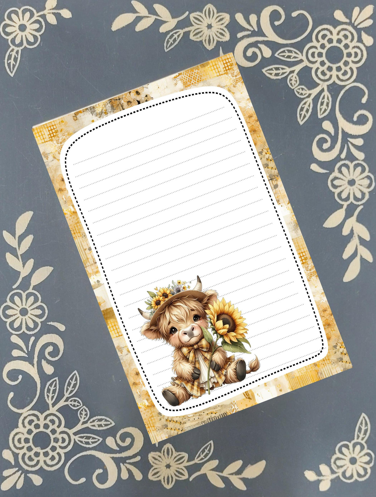 Personalized Cow, Highland Cow in Sunflowers 2 Notepad Stationery