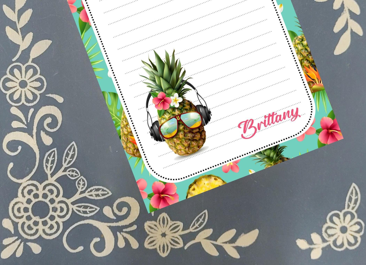 Personalized Pineapple 2, with headphones, Notepad Stationery
