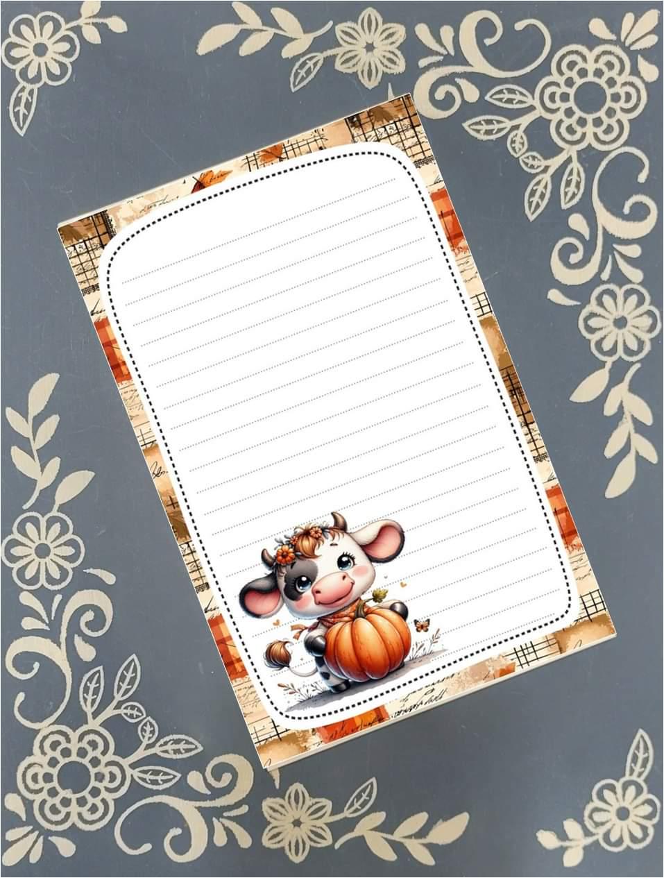 Personalized Cow with a Pumpkin, Autumn Fall, Notepad Stationery