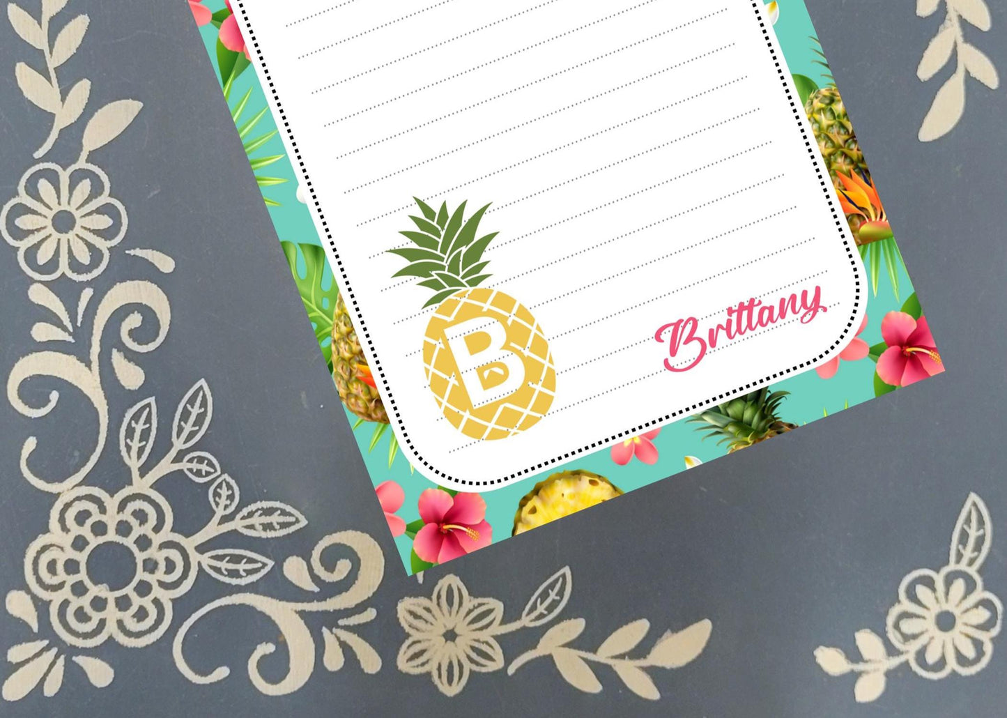 Personalized Pineapple 3, Custom Monogram, Notepad Stationery