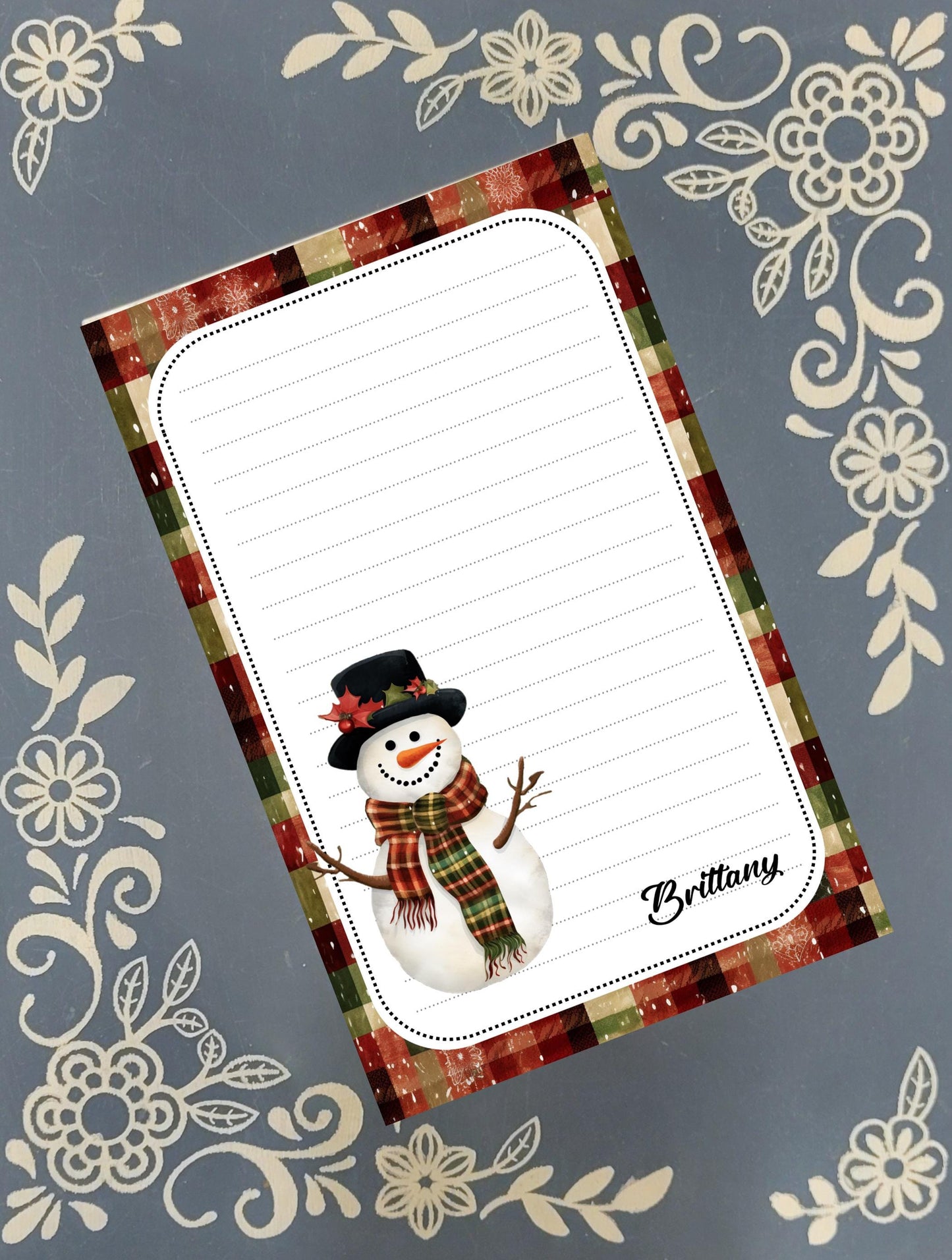 Personalized Snowman, Christmas, Winter, Holiday, Red Plaid, Notepad Stationery