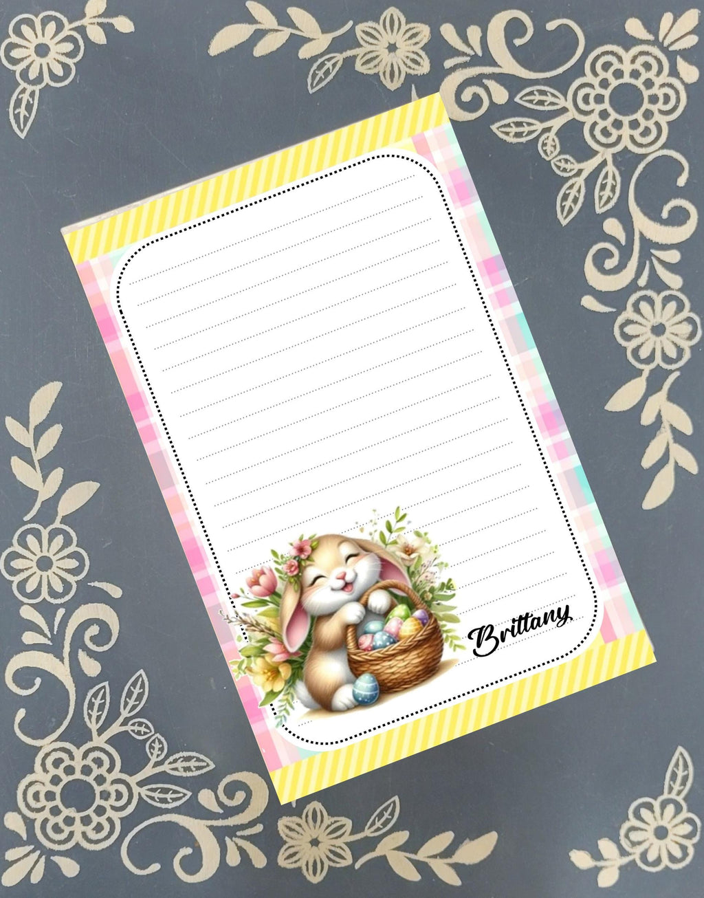 Personalized Easter Bunny with basket of Easter Eggs, Notepad Stationery