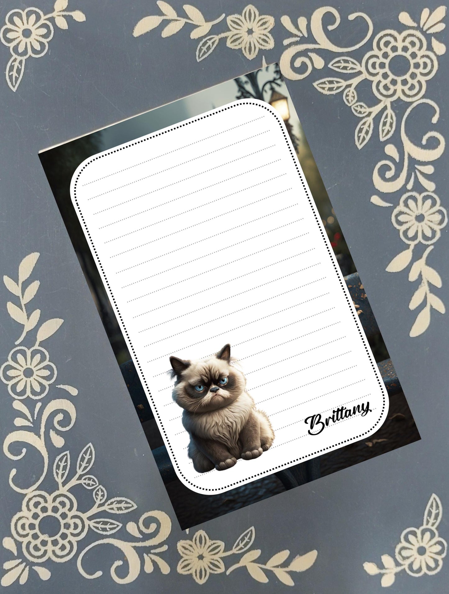 Personalized Grumpy Cat, Ragdoll Cat on Park Bench, Notepad Stationery