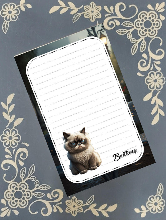 Personalized Grumpy Cat, Ragdoll Cat on Park Bench, Notepad Stationery