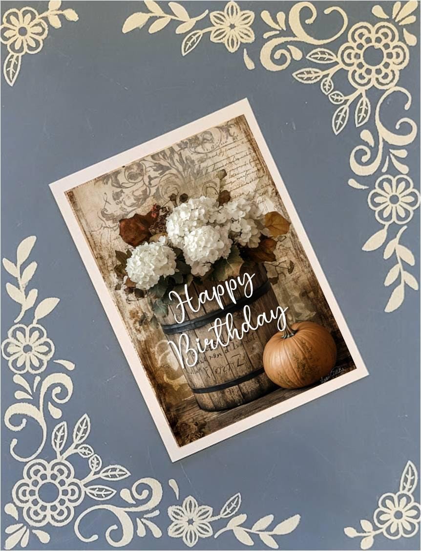 Happy Fall Y'all, Happy Birthday, Hydrangeas, Pumpkin, Autumn Greeting Card Bundle, 5x7 with Envelopes