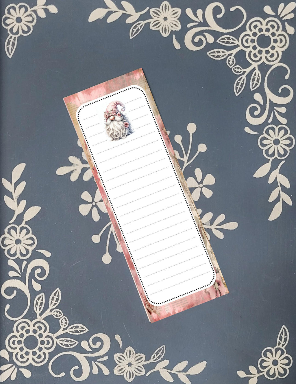 Gnome, Pink Flowers, Magnet Notepad List Pad