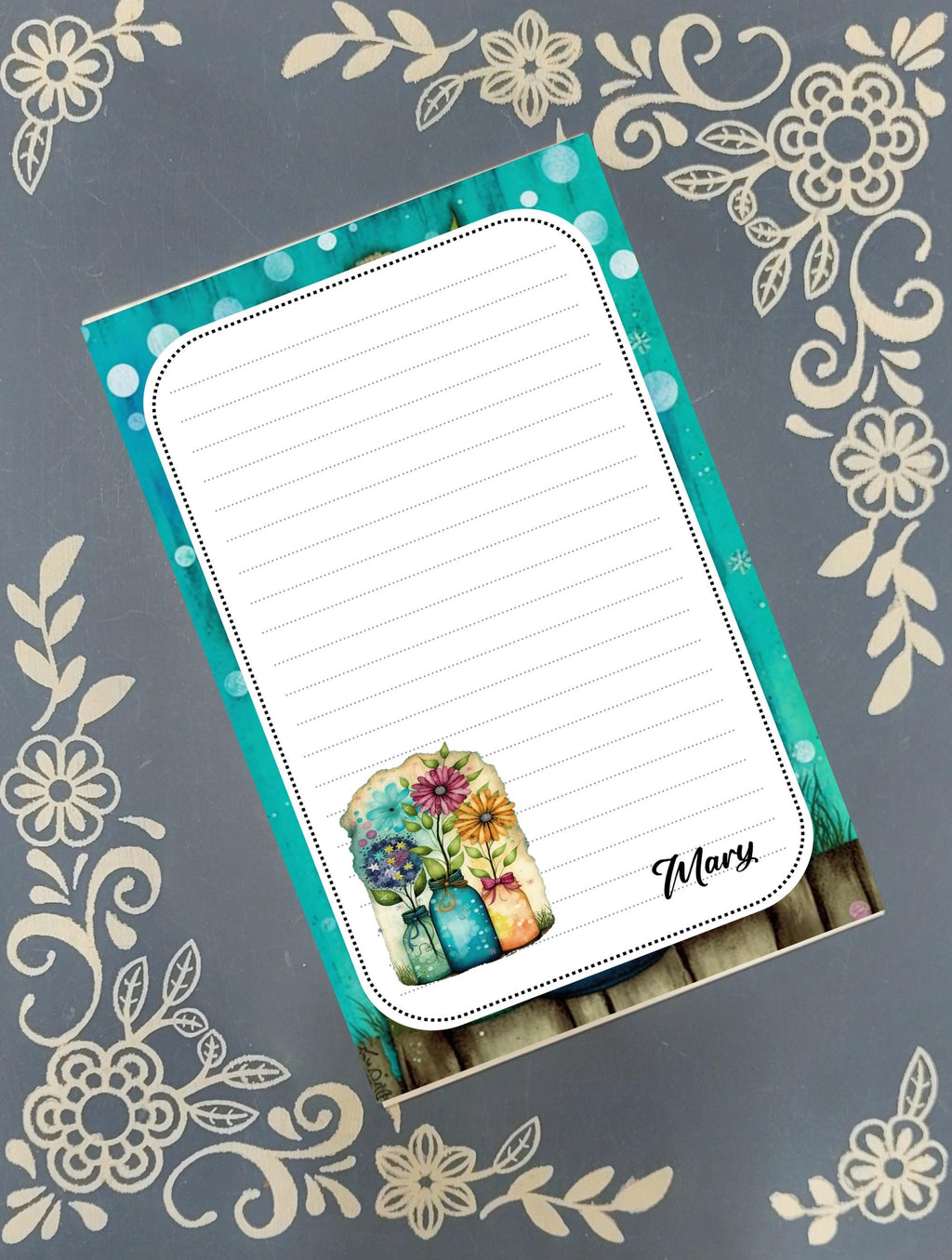 Personalized Flowers in Vases, Teal, Notepad Stationery