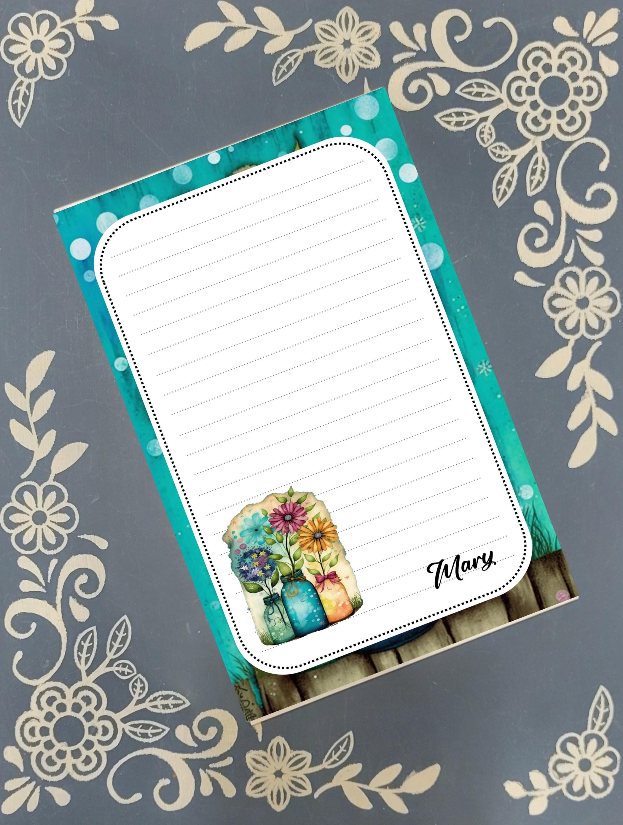 Personalized Flowers in Vases, Teal, Notepad Stationery